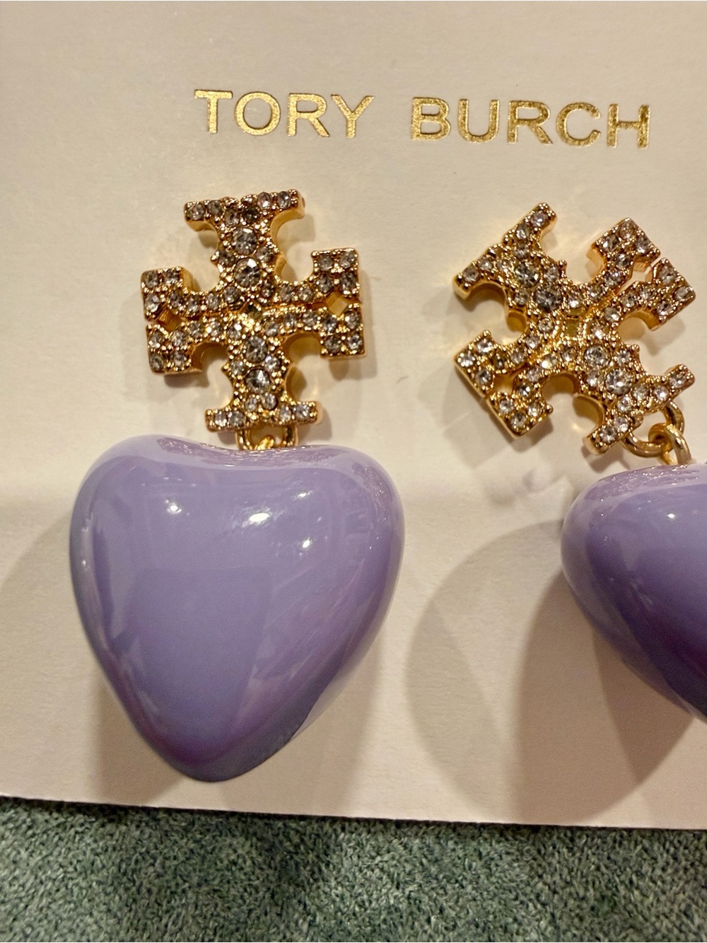 Tory Burch | Gold Plated & Crystal Logo with Lilac Heart Drop Earrings - Picture 3 of 4